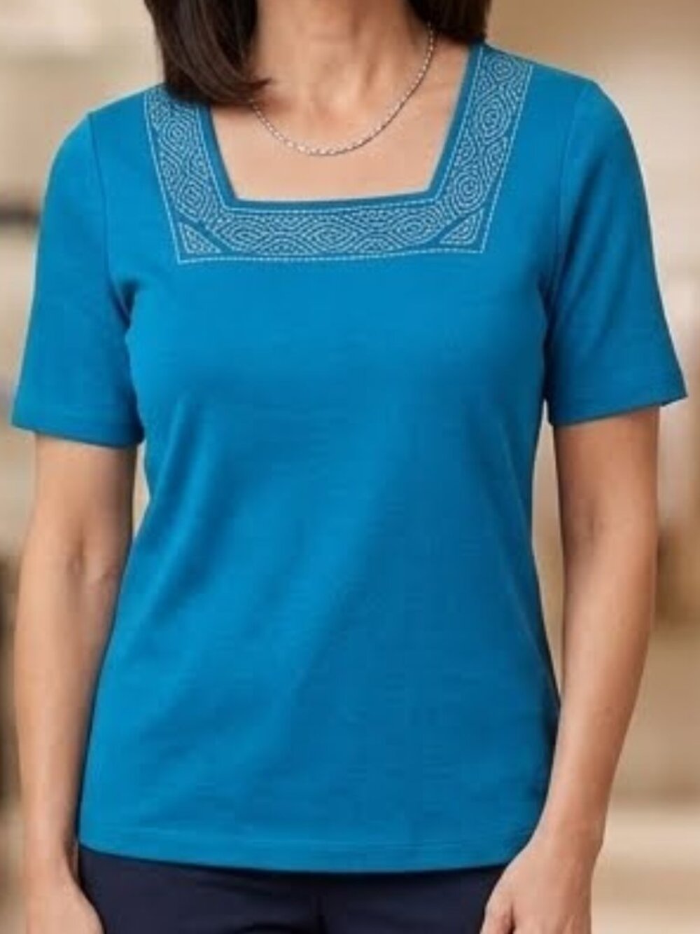 Carroll Reed Women's Blue Short Sleeve T-Shirt Top Size S/P Square Neckline
